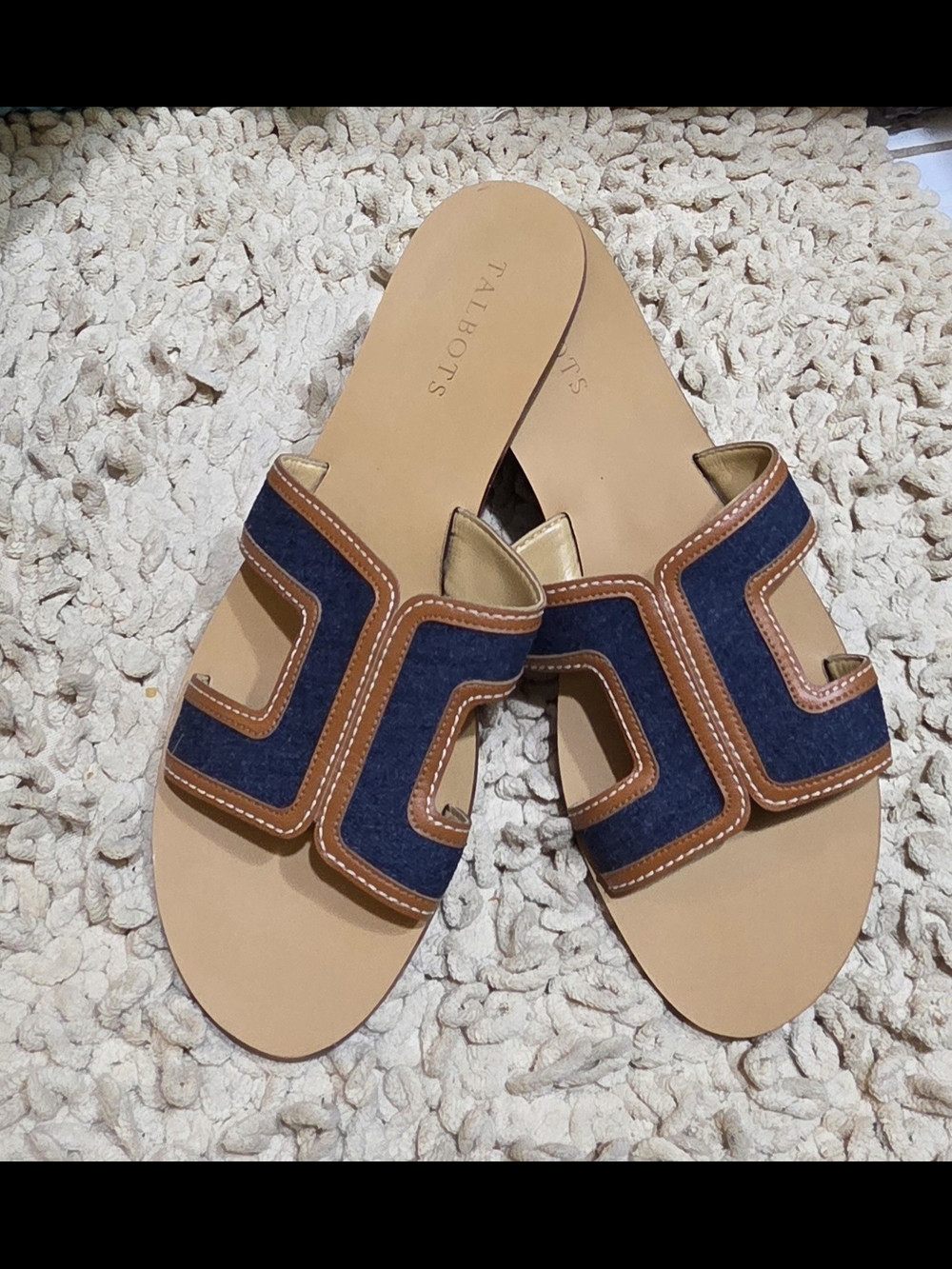 Talbots Navy and Brown Leather-Trim Slide Sandals